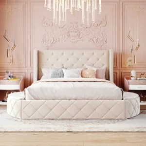 Upholstered Velvet Platform Bed with Wingback Headboard, Storage Drawer and Side Stools